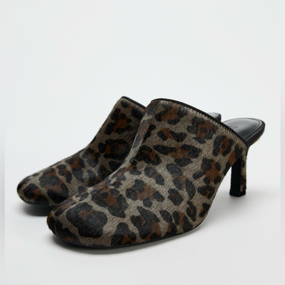 NWT Zara 100% Cow Fur Skin/ 90% Goat Leather Animal Print Mules size 38 - Picture 1 of 13